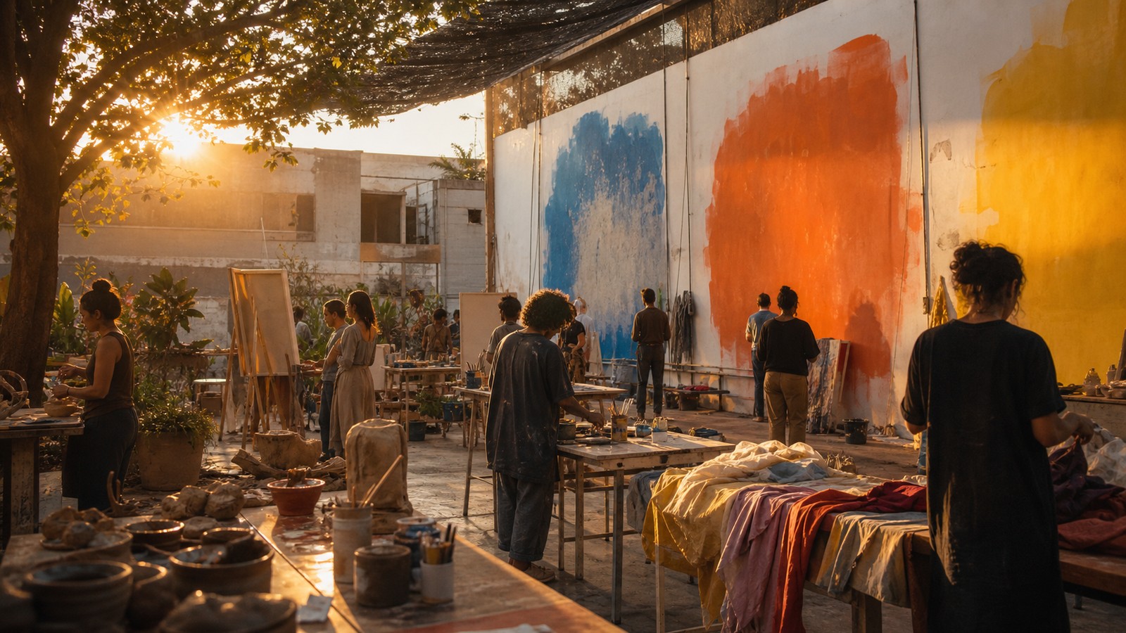 Community art space at golden hour with anonymous silhouettes arranging creative materials