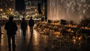 Nighttime city plaza with empty stage risers, candles, flowers, and anonymous silhouettes