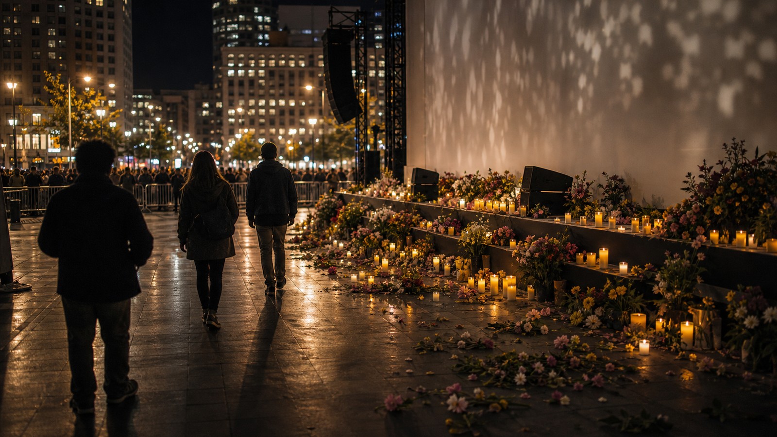 Nighttime city plaza with empty stage risers, candles, flowers, and anonymous silhouettes