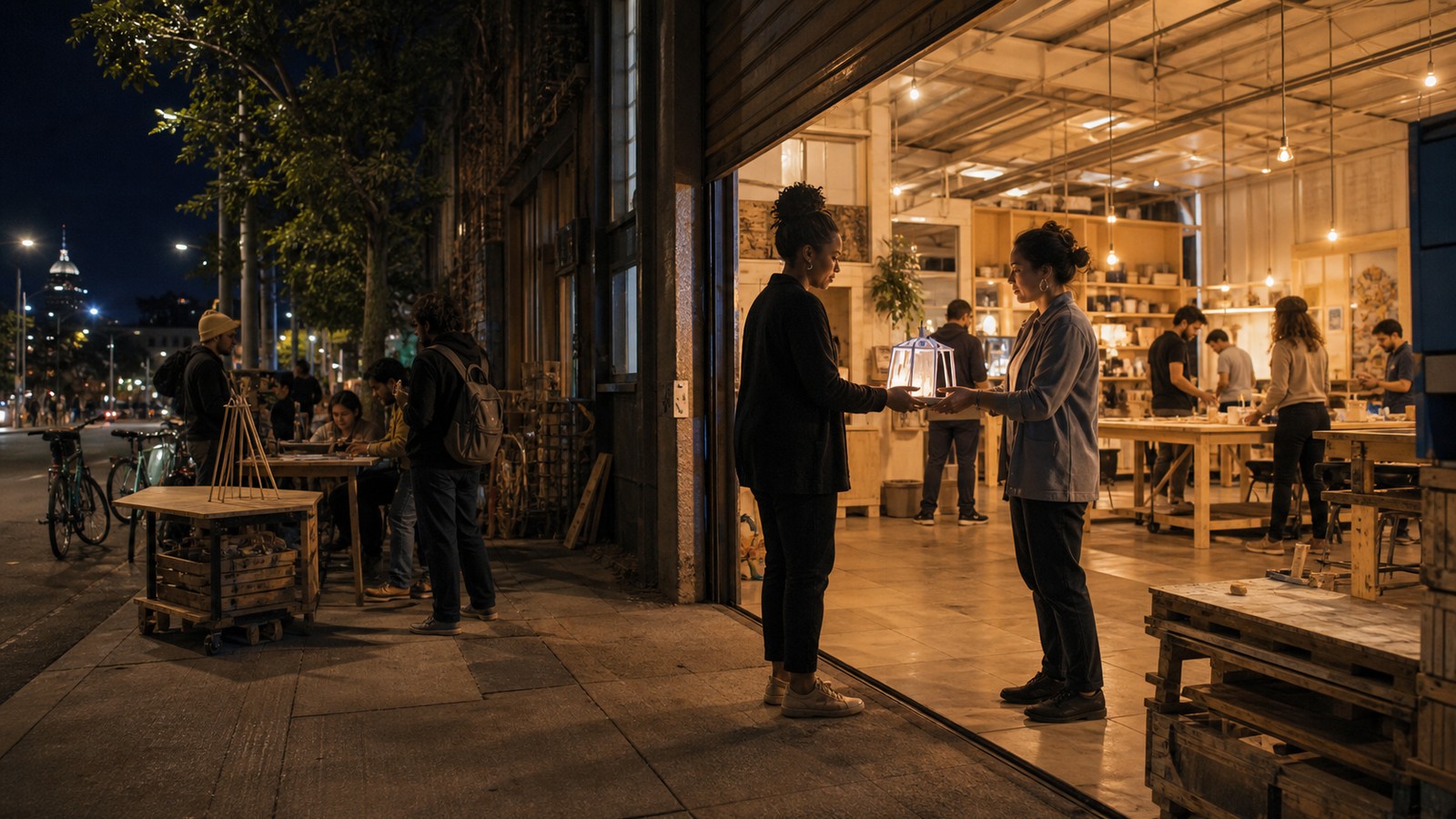 Nighttime public innovation hub with anonymous people exchanging a prototype at an open doorway
