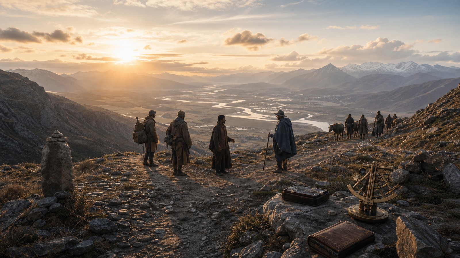 Anonymous figures meeting at a mountain crossroads above a river valley at sunrise