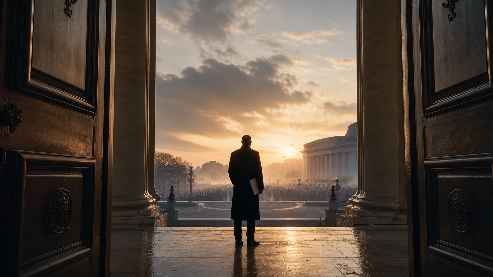 Anonymous figure at a government doorway at dawn, symbolizing a historic turning point