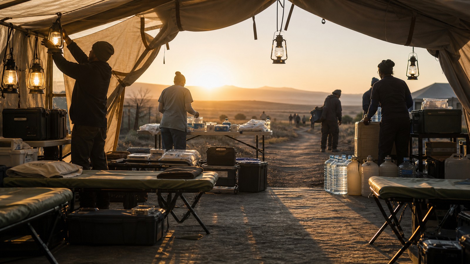 Outdoor medical outreach tent at sunrise with anonymous workers arranging supplies