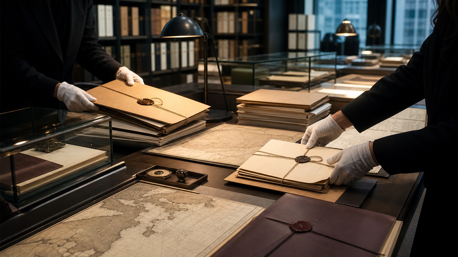 Archive room with diplomatic folders, maps, and anonymous hands arranging historical records