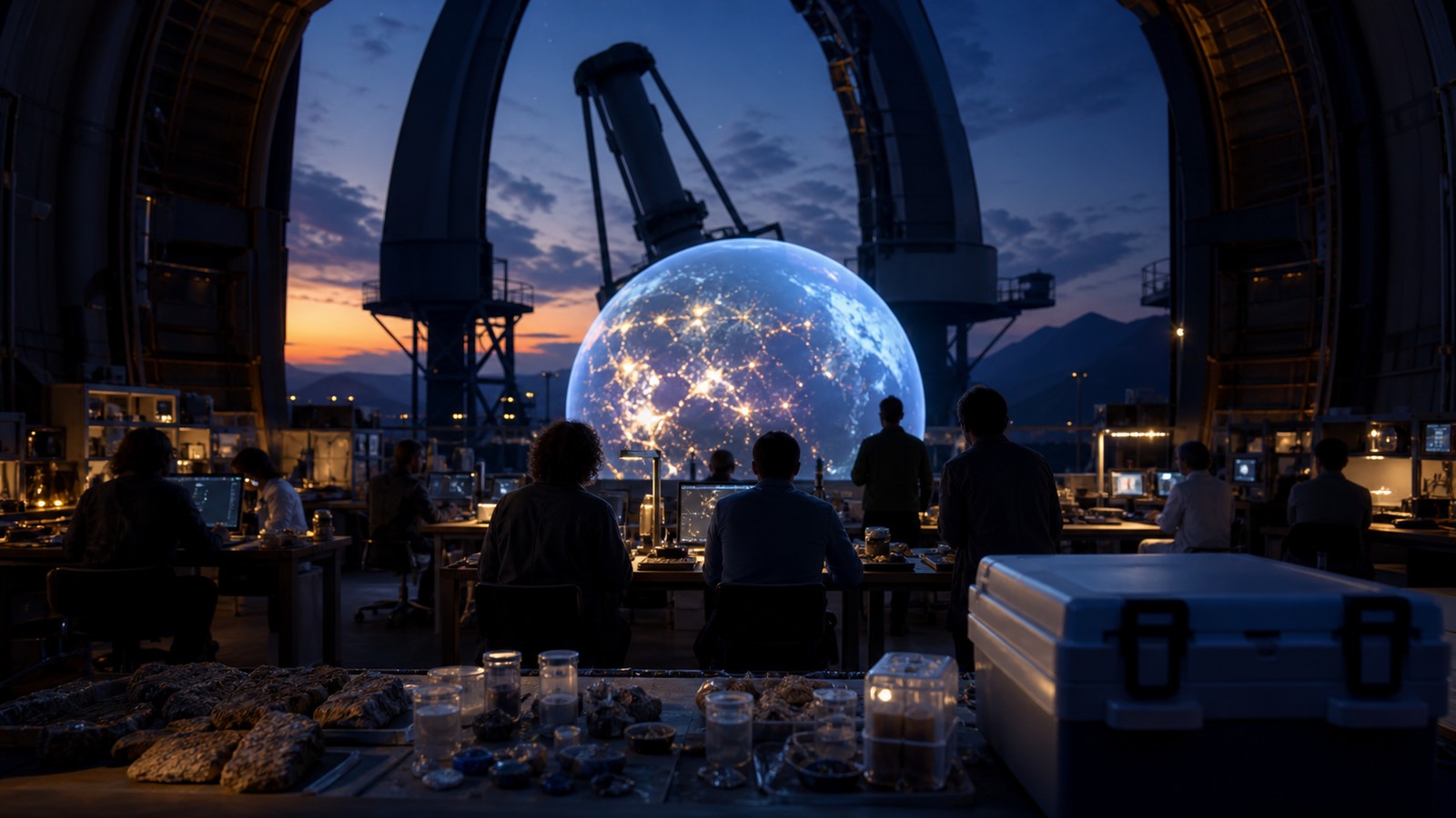 Observatory control room at twilight with anonymous researchers and global scientific instruments