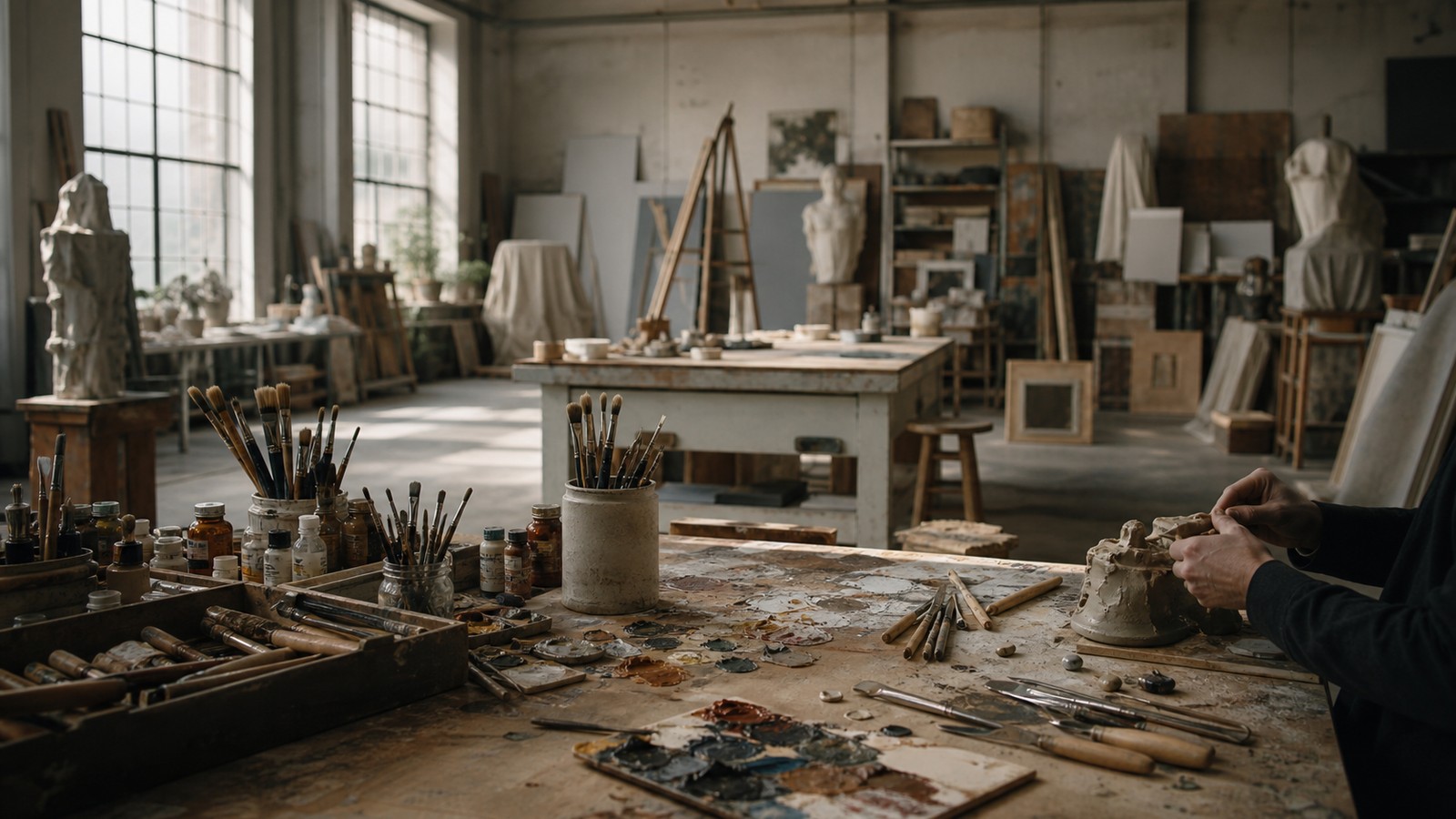 Sunlit artist studio with canvases turned away, clay forms, pigments, brushes, and sculpting tools