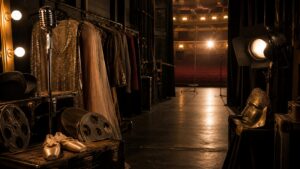 Backstage corridor opening to an empty theater with cultural objects arranged in warm stage light