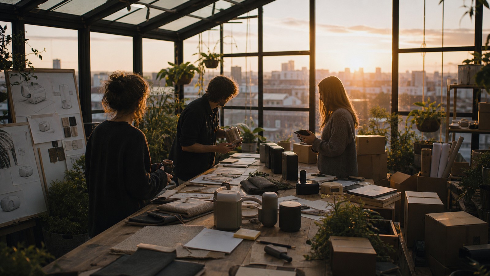 Rooftop greenhouse workspace at dawn with anonymous founders reviewing physical product samples