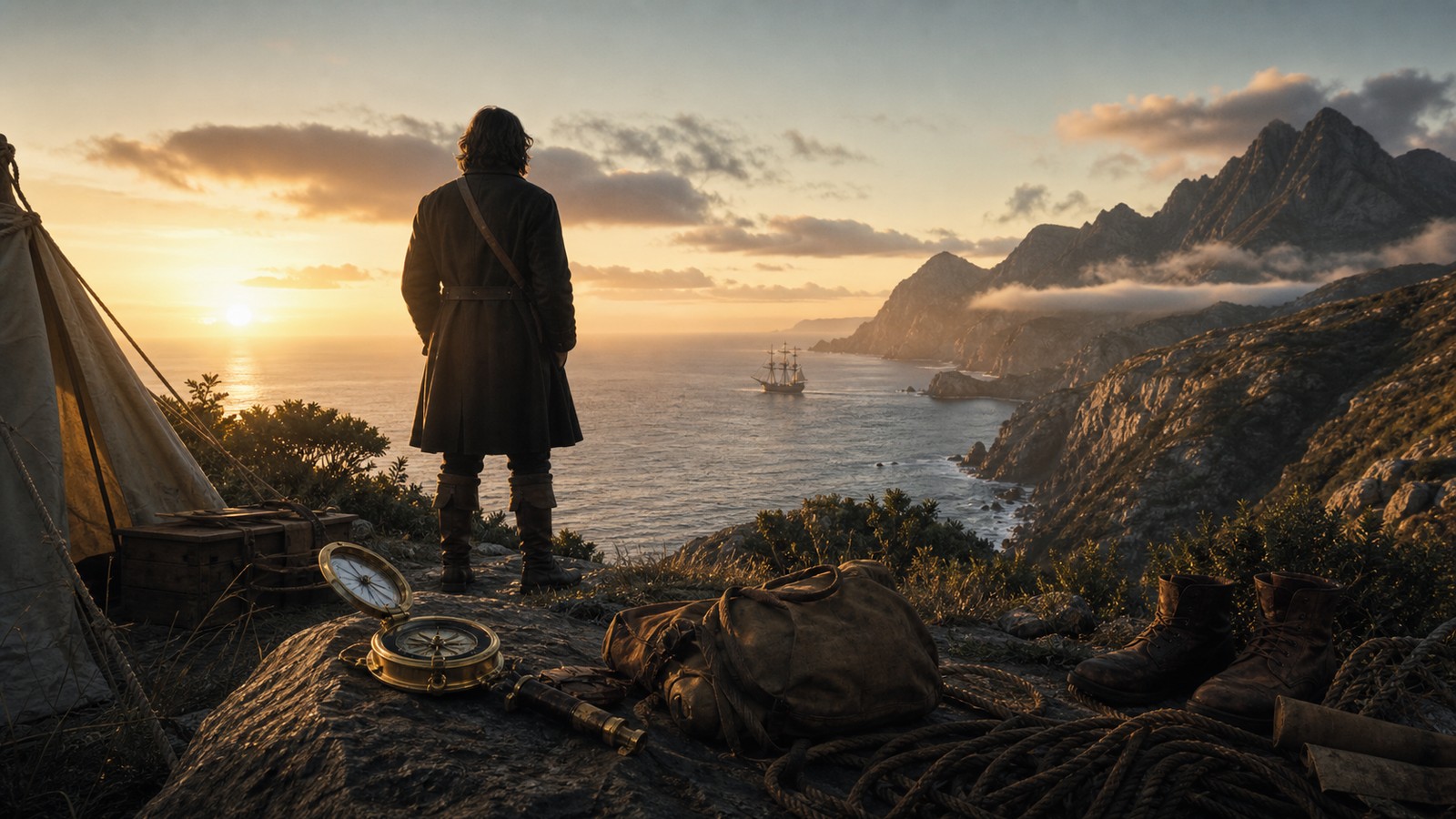 Anonymous explorer silhouette on coastal cliff at dawn with compass, rope, and distant ship