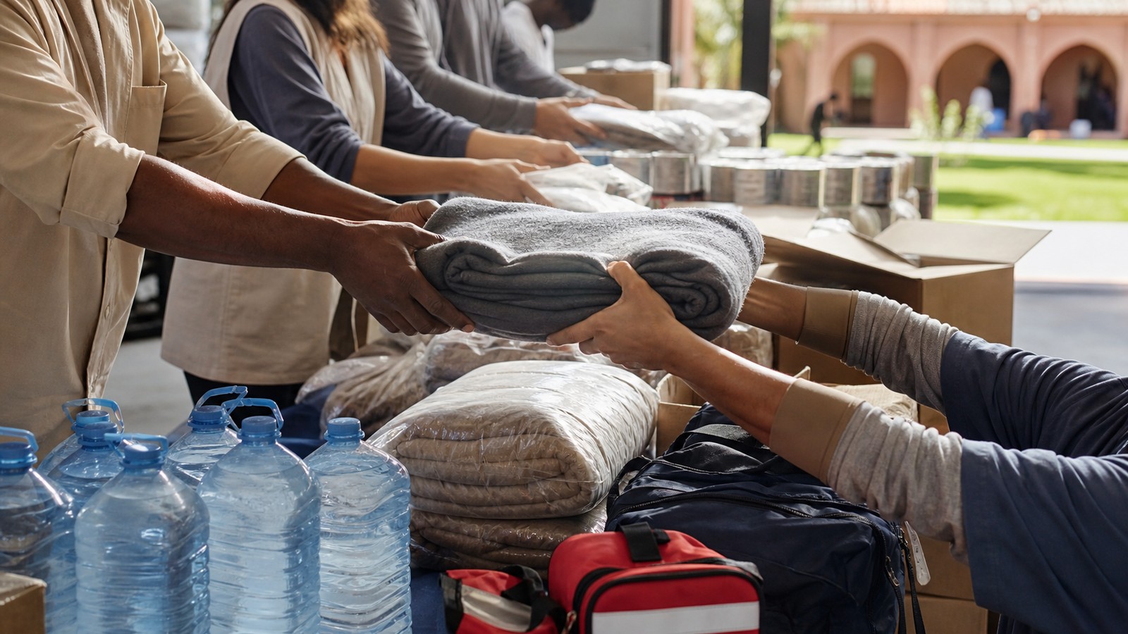 Anonymous volunteers passing relief supplies hand to hand across a coordination table