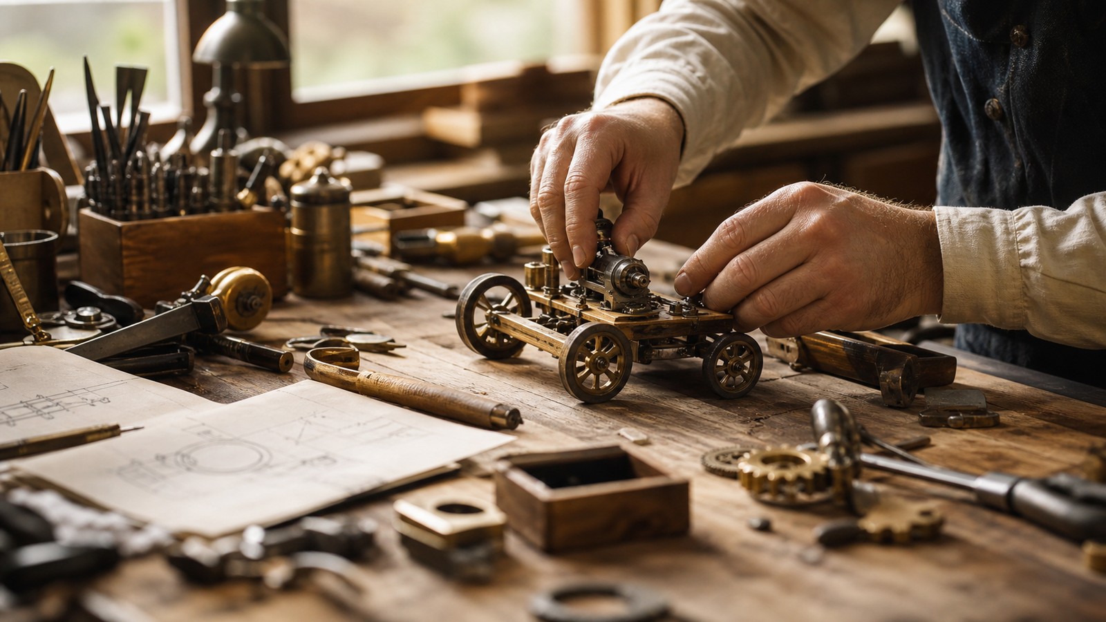 Warm workshop with tools, gears, and anonymous hands assembling a prototype