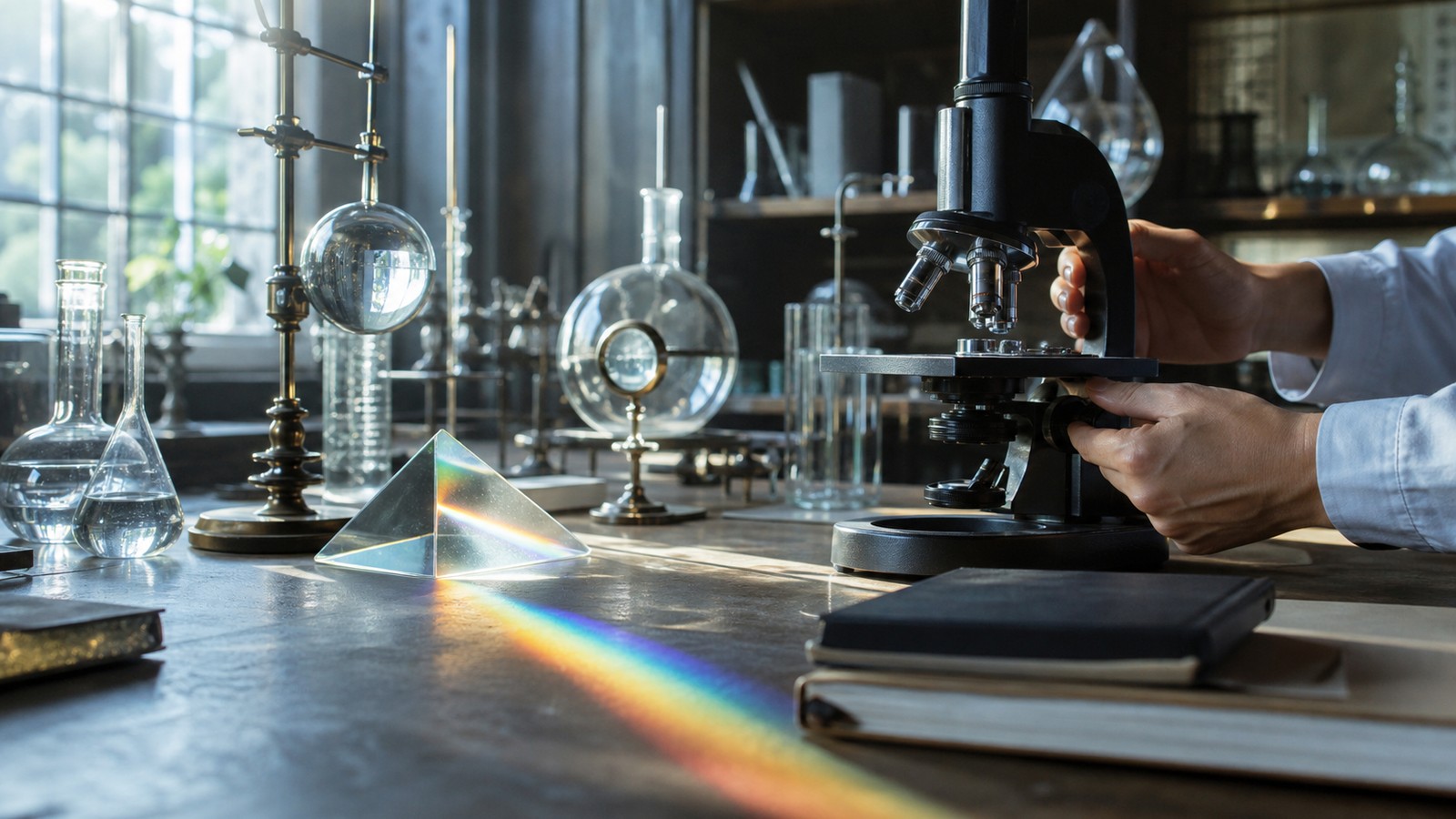 Historic and modern laboratory bench with microscope, prism, and anonymous hands