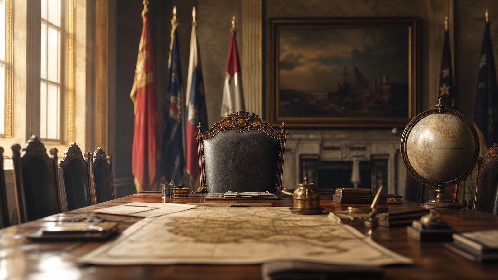 Historic council chamber with an empty leadership chair, maps, and warm window light