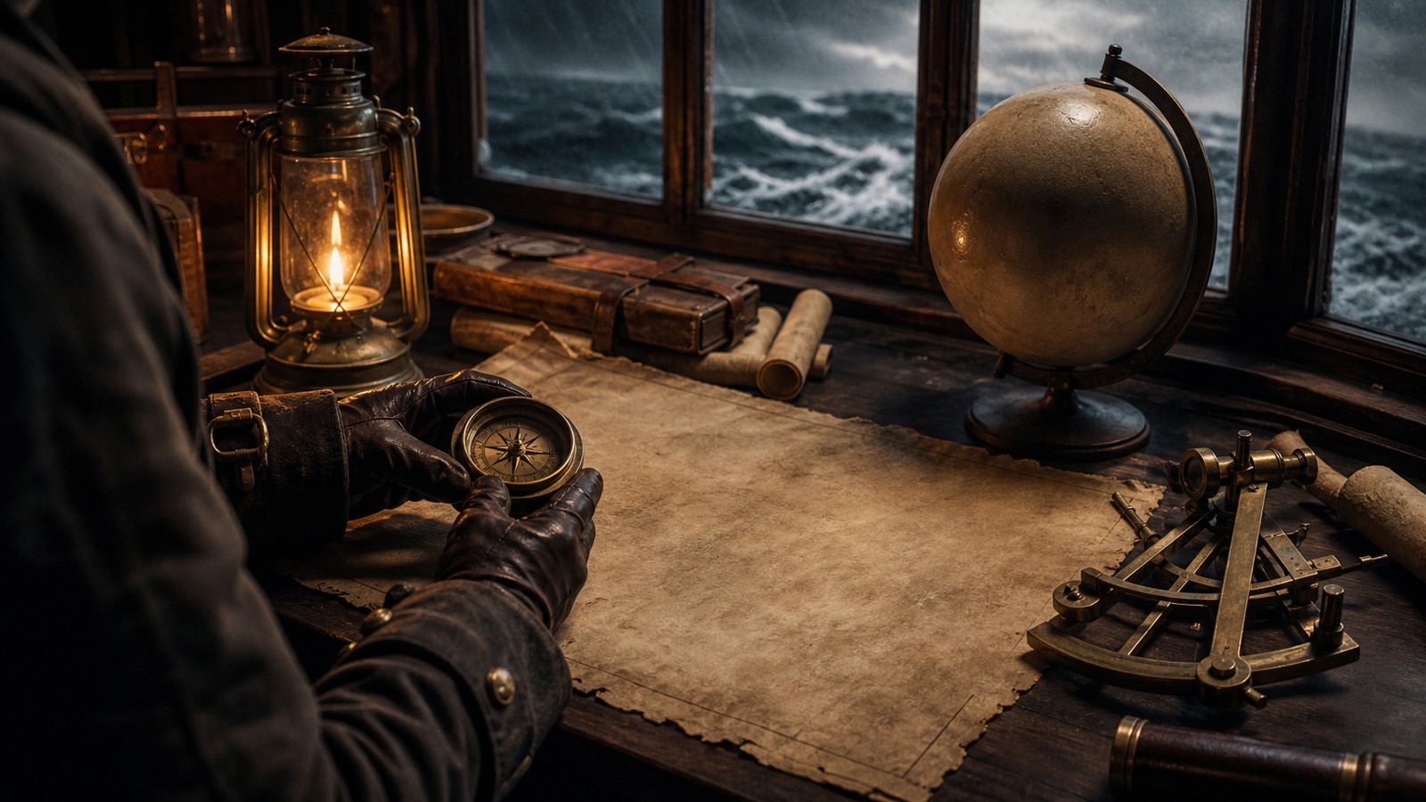 Old navigation room with compass, lantern, blank map, and stormy sea through window