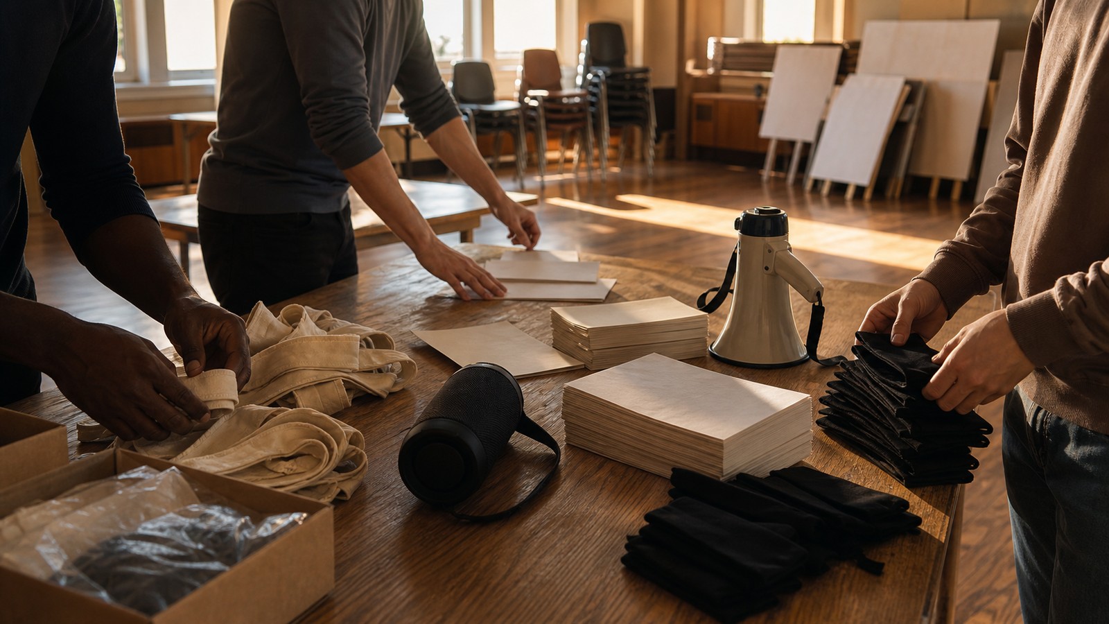 Quiet civic organizing room with blank placards, stacked chairs, and anonymous hands sorting materials