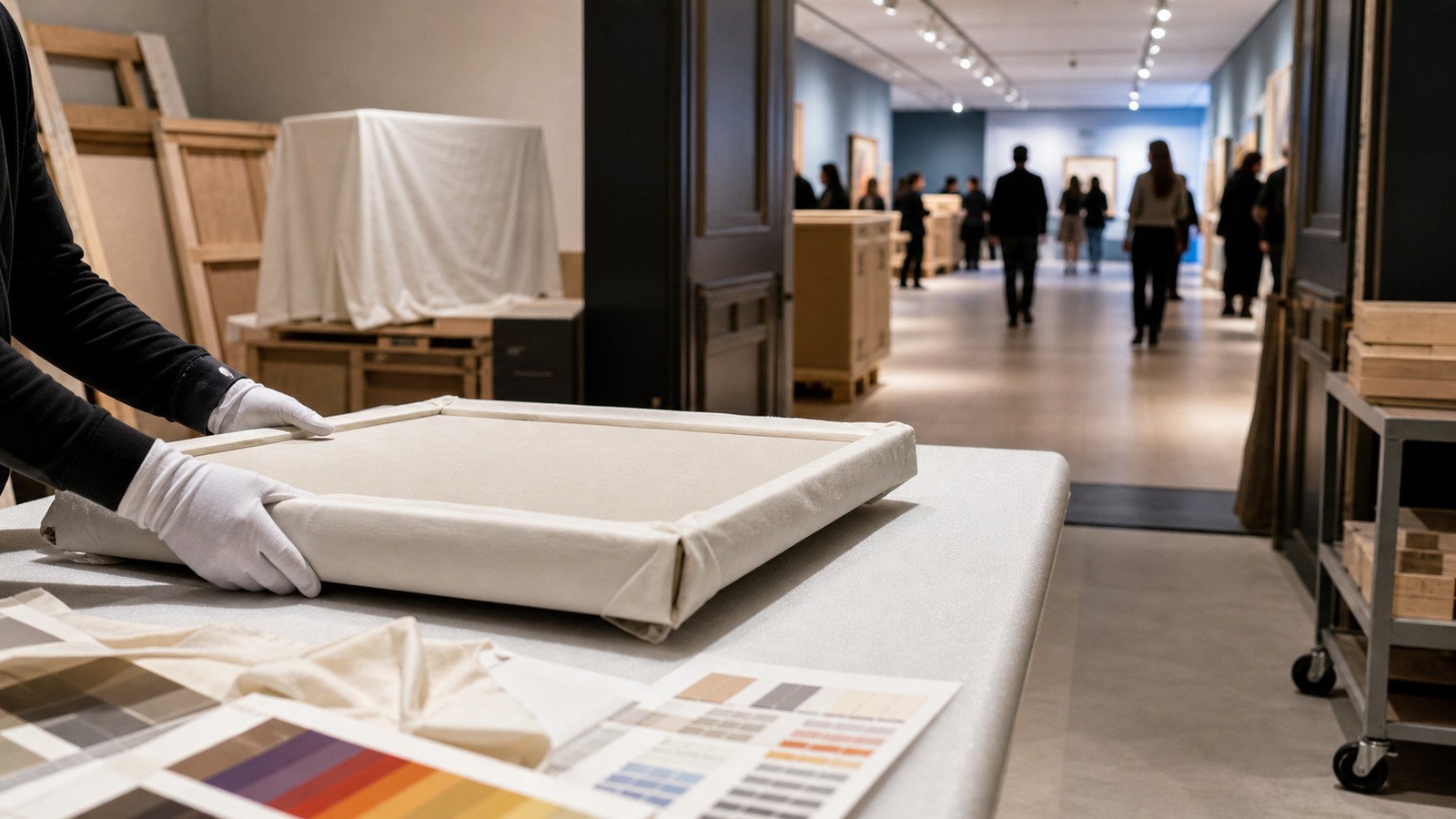 Museum conservation room with covered frames, shipping crates, and anonymous curator hands