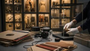 Archival media room with unlabeled cultural objects and anonymous gloved hands placing an item in a display case