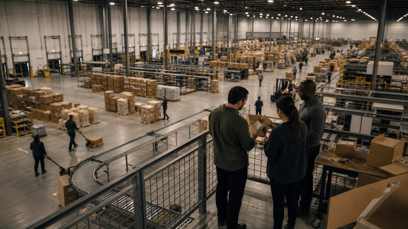 Modern logistics floor with plain packages and anonymous teams moving through organized operations