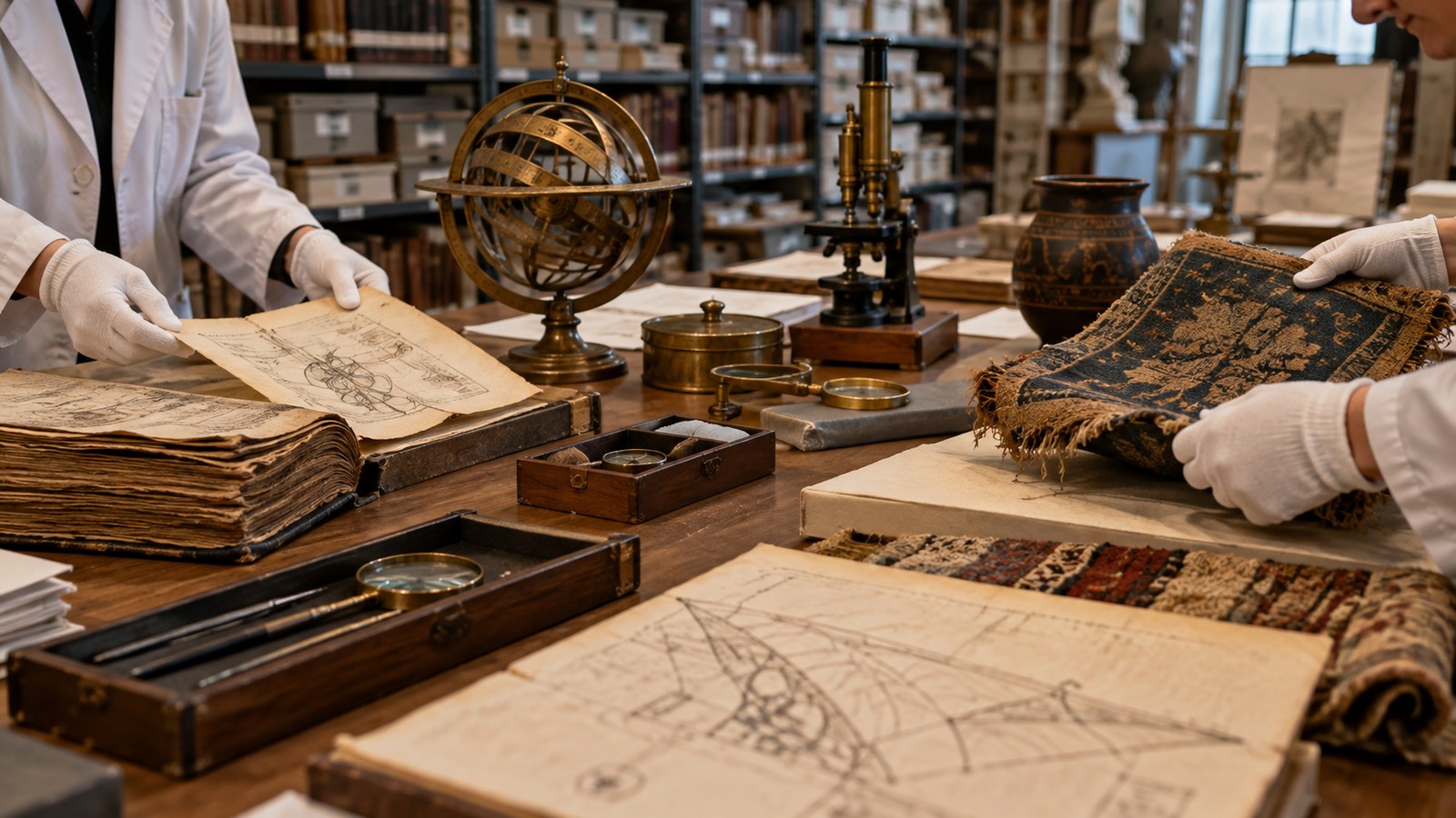 Editorial scene representing brilliant minds history almost forgot with historical objects and no readable text