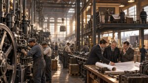 Editorial scene representing business titans who changed the world forever with historical objects and no readable text