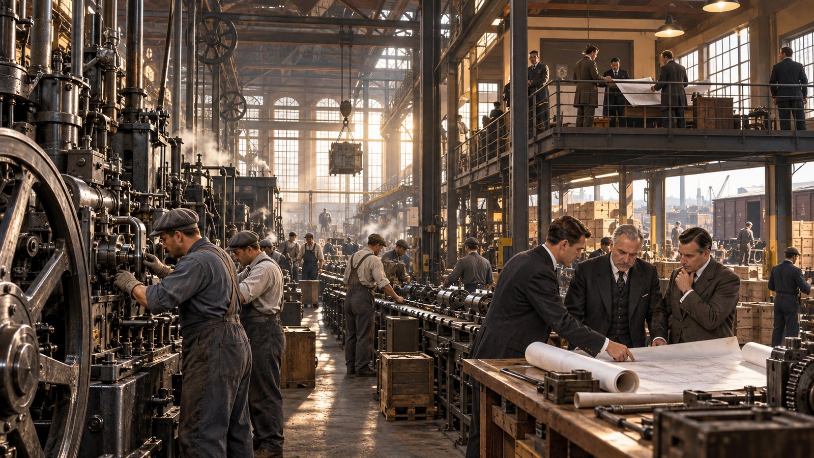 Editorial scene representing business titans who changed the world forever with historical objects and no readable text