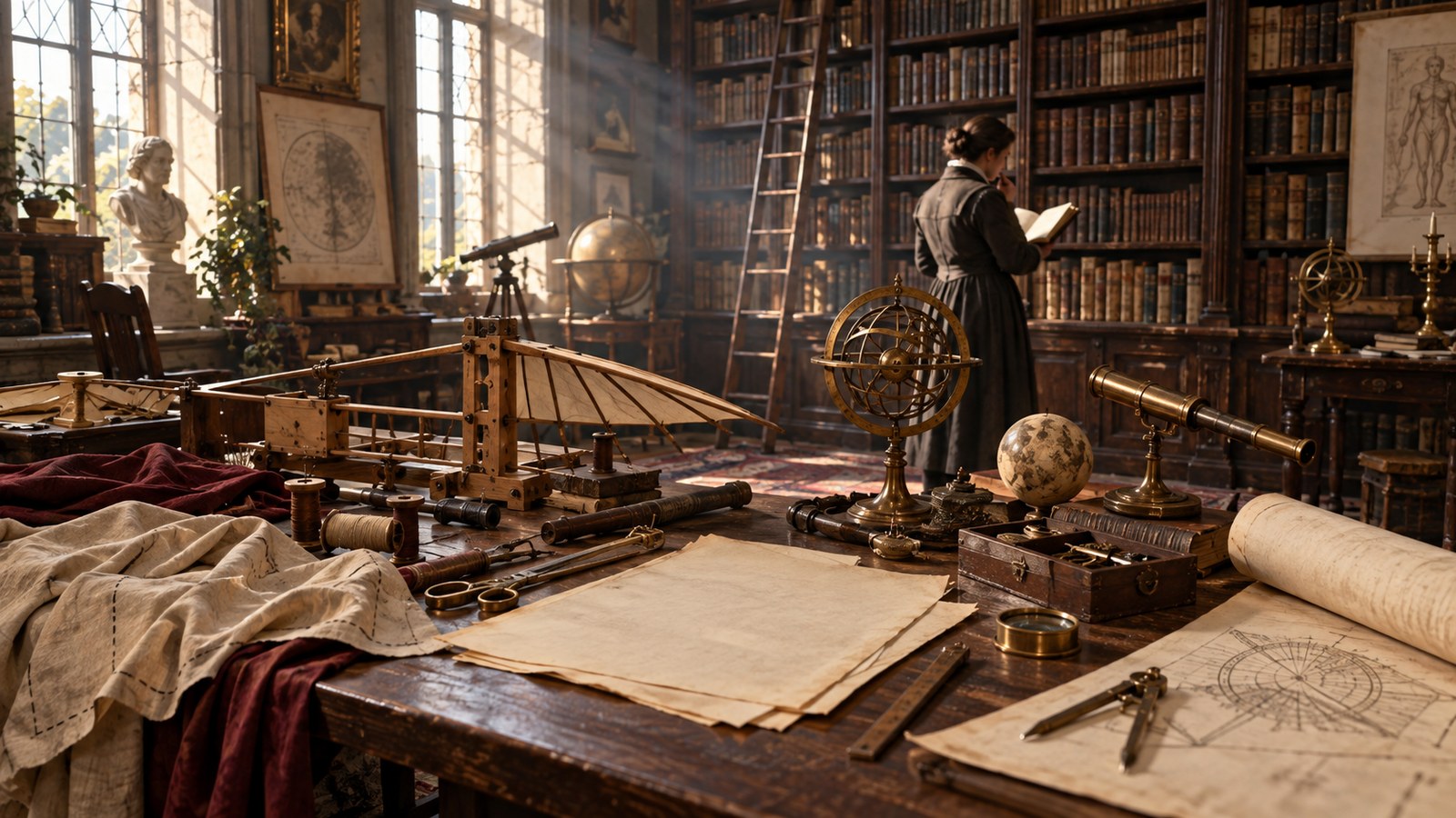 Editorial scene representing forgotten geniuses who changed the world with historical objects and no readable text