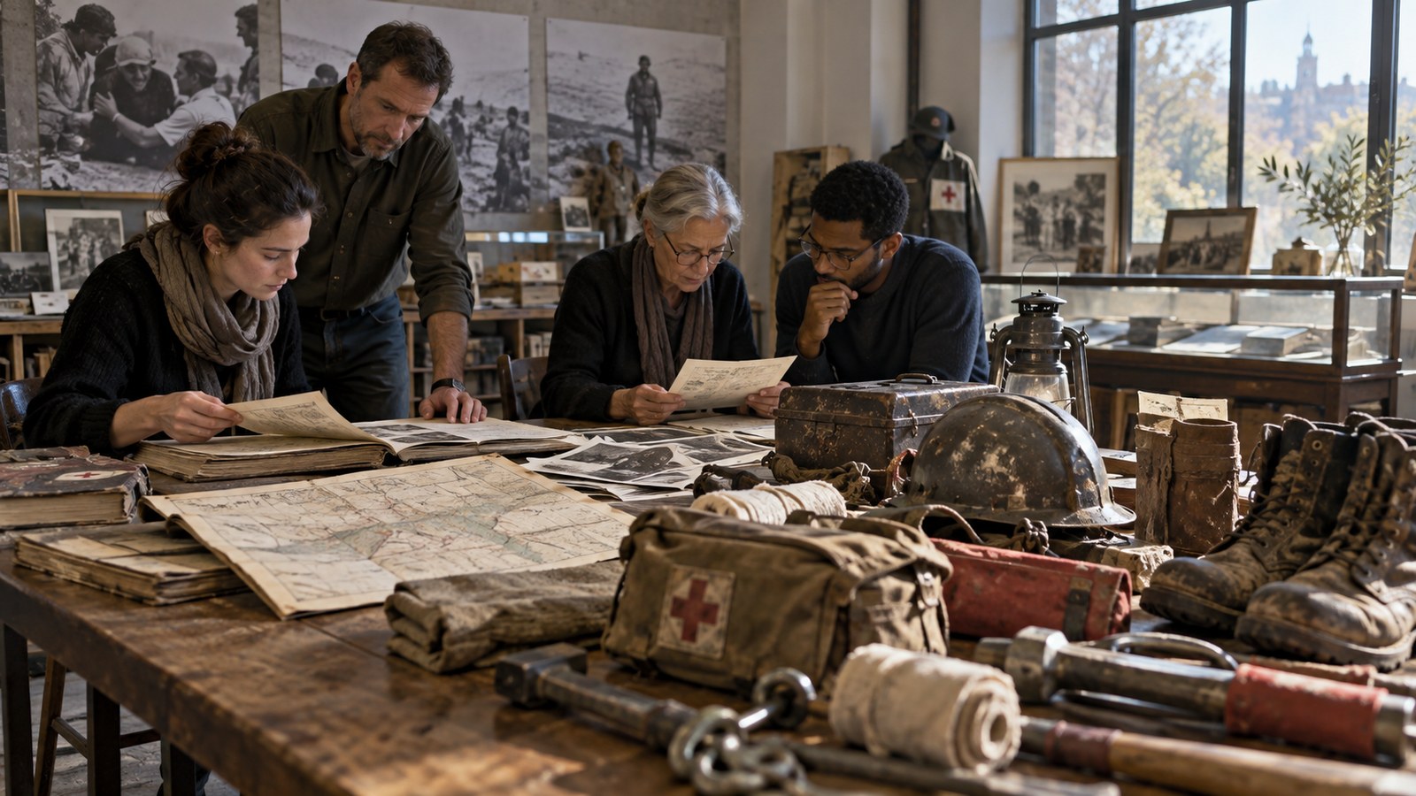 Editorial scene representing forgotten heroes who changed the world with historical objects and no readable text