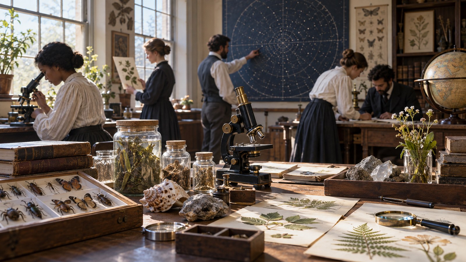 Editorial scene representing hidden geniuses who revolutionized science with historical objects and no readable text