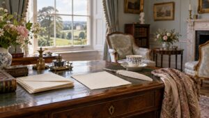 Symbolic editorial scene for Jane Austen Biography with career objects and no readable text