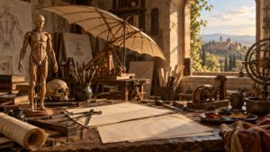 Symbolic editorial scene for Leonardo da Vinci Biography with career objects and no readable text