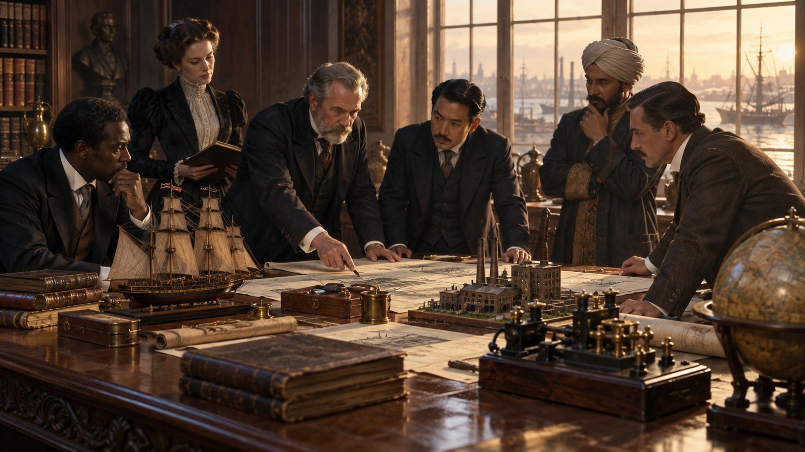 Editorial scene representing the greatest business titans of all time with historical objects and no readable text