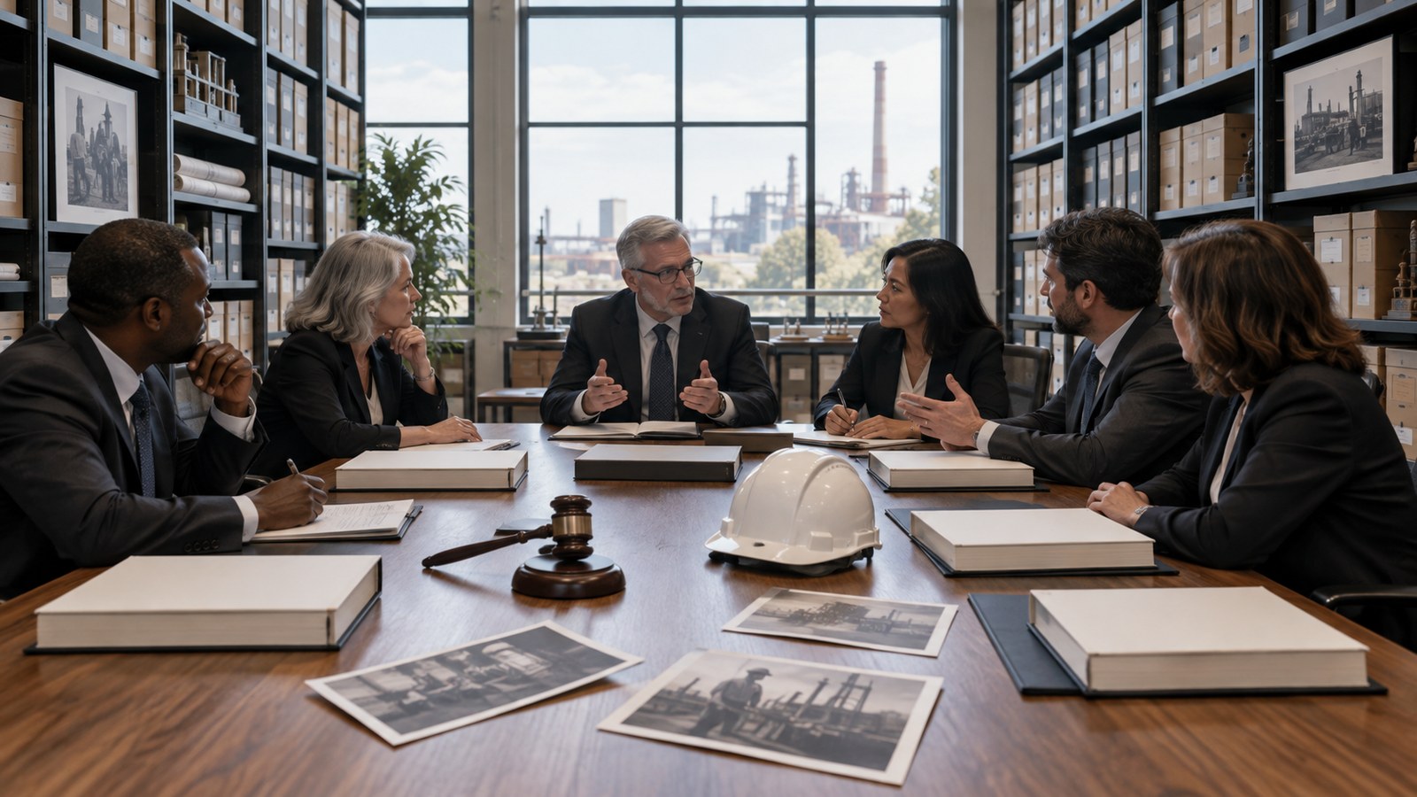 Editorial scene representing the greatest corporate leaders of all time with historical objects and no readable text