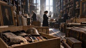 Editorial scene representing the greatest forgotten legends in history with historical objects and no readable text