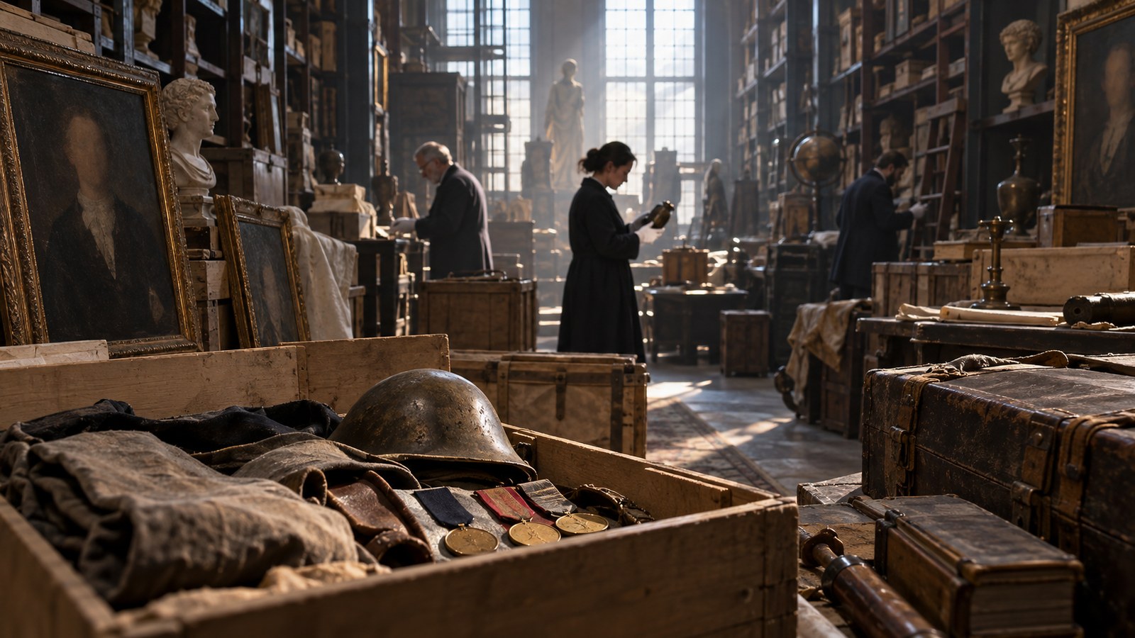 Editorial scene representing the greatest forgotten legends in history with historical objects and no readable text