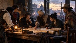 Historical editorial scene of revolutionaries studying maps and pamphlets in a lamplit room
