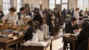 Historical settlement house with volunteers serving families, books, water pitchers, and aid tables