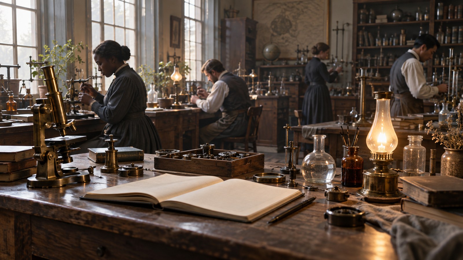 Editorial scene representing the greatest unsung geniuses in history with historical objects and no readable text