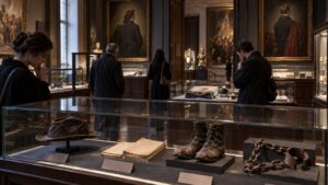 Museum archive display with worn boots, blank papers, broken chain, and visitors reflecting on revolutionary memory