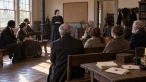 Historical civic meeting room with reformers discussing petitions and public change
