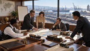 Editorial scene representing the most successful business leaders in history with historical objects and no readable text