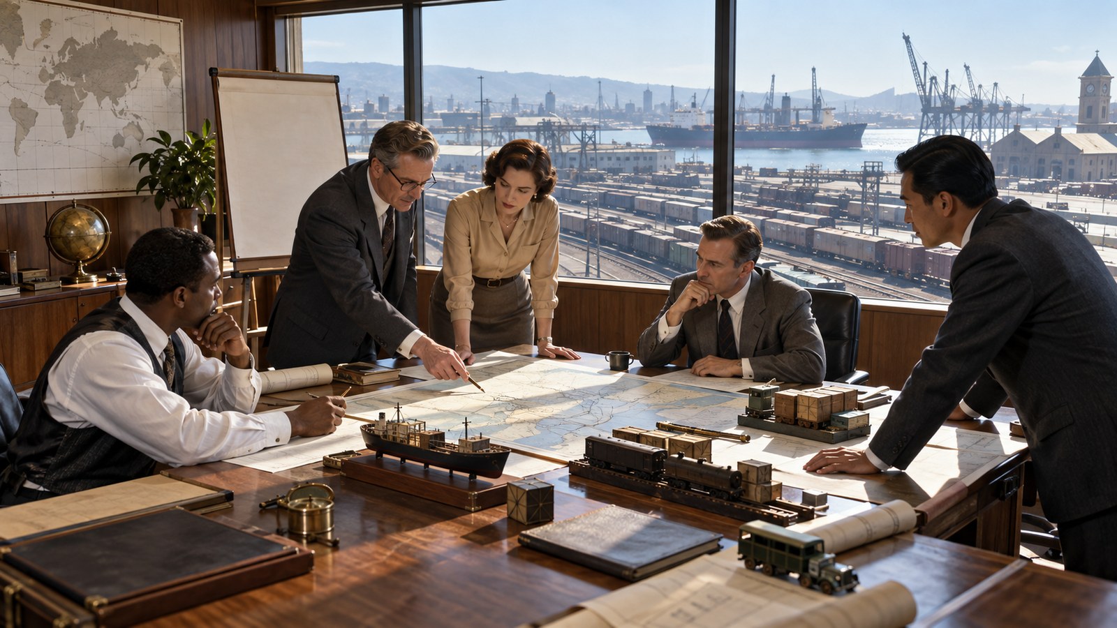 Editorial scene representing the most successful business leaders in history with historical objects and no readable text