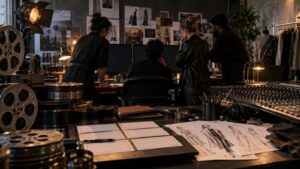 Editorial scene representing the people who shaped modern pop culture with historical objects and no readable text
