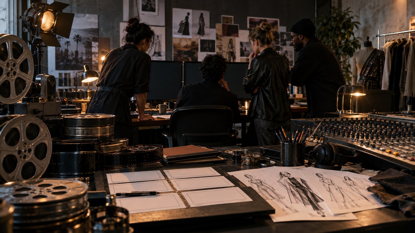 Editorial scene representing the people who shaped modern pop culture with historical objects and no readable text