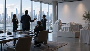 Editorial scene representing the world's most influential ceos with historical objects and no readable text