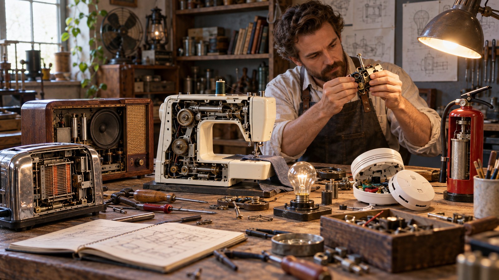 Editorial scene representing unsung inventors behind everyday technology with historical objects and no readable text
